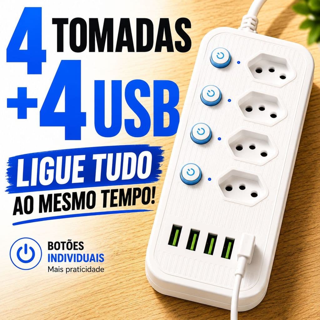 Filtro de Linha 4 Tomadas Desliga Cada Um Separado + 4 USB Régua Elétrica Setup Home Office Preto Branco