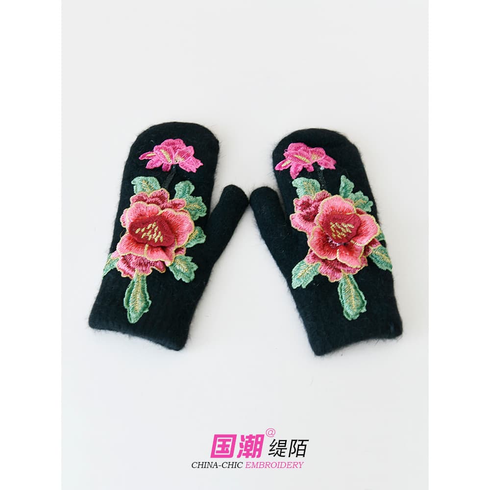 Estilo étnico bordado flor luvas adulto senhoras luvas outono inverno bonito meio lado velo completo @-