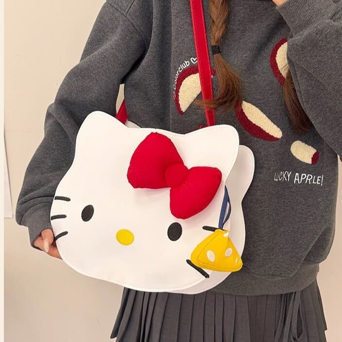 Hello Kitty Cartoon Bolsa de Ombro Feminina Linda Menina Coração Vermelho Bolsa Arco Crossbody Bolsa Mochila de Estudant
