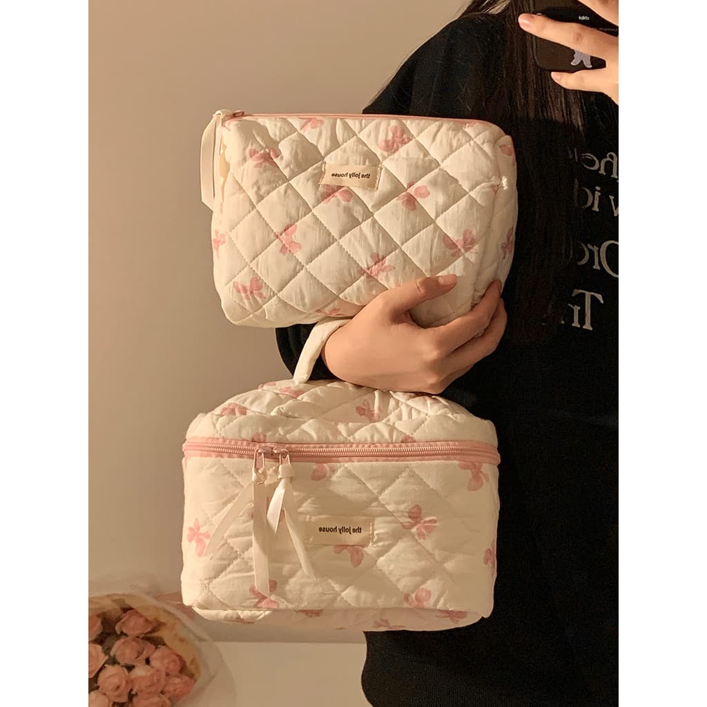 Tão fofo!Leite rosa arco saco cosmético feminino portátil viagem grande capacidade cuidados com a pele produto saco de a