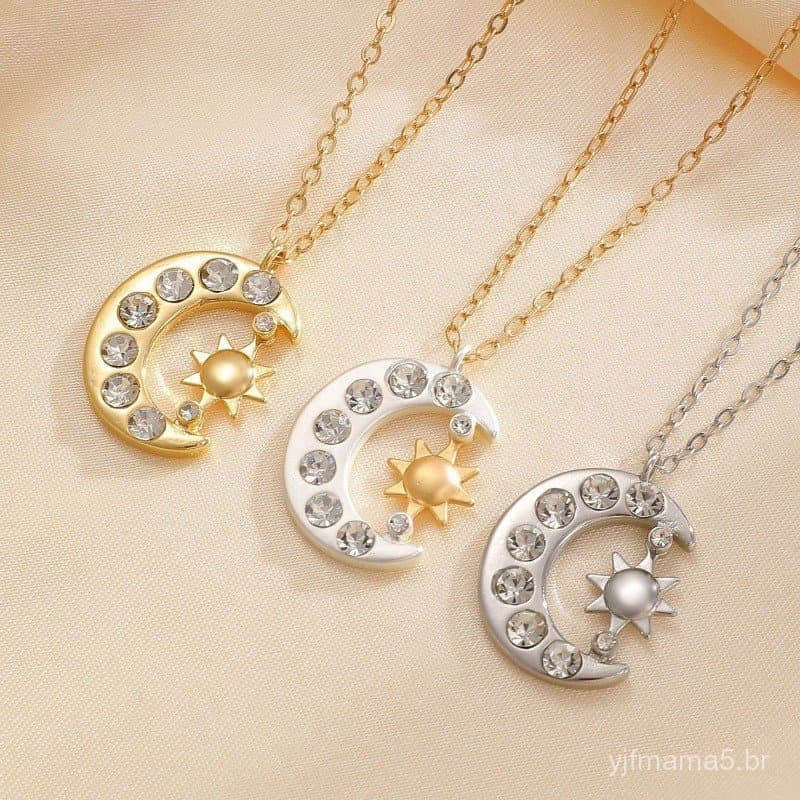 Colar com Pingente de Lua e Sol em Zircônia, Corrente Exquisita para Clavícula Feminina, Joia Vintage Simples, Acessório