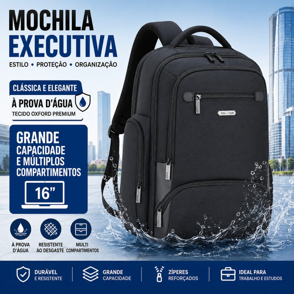 Mochila Executiva de tecido Oxford resistente à água, ideal para notebook 16 polegadas, uso diário em estudo e viagens