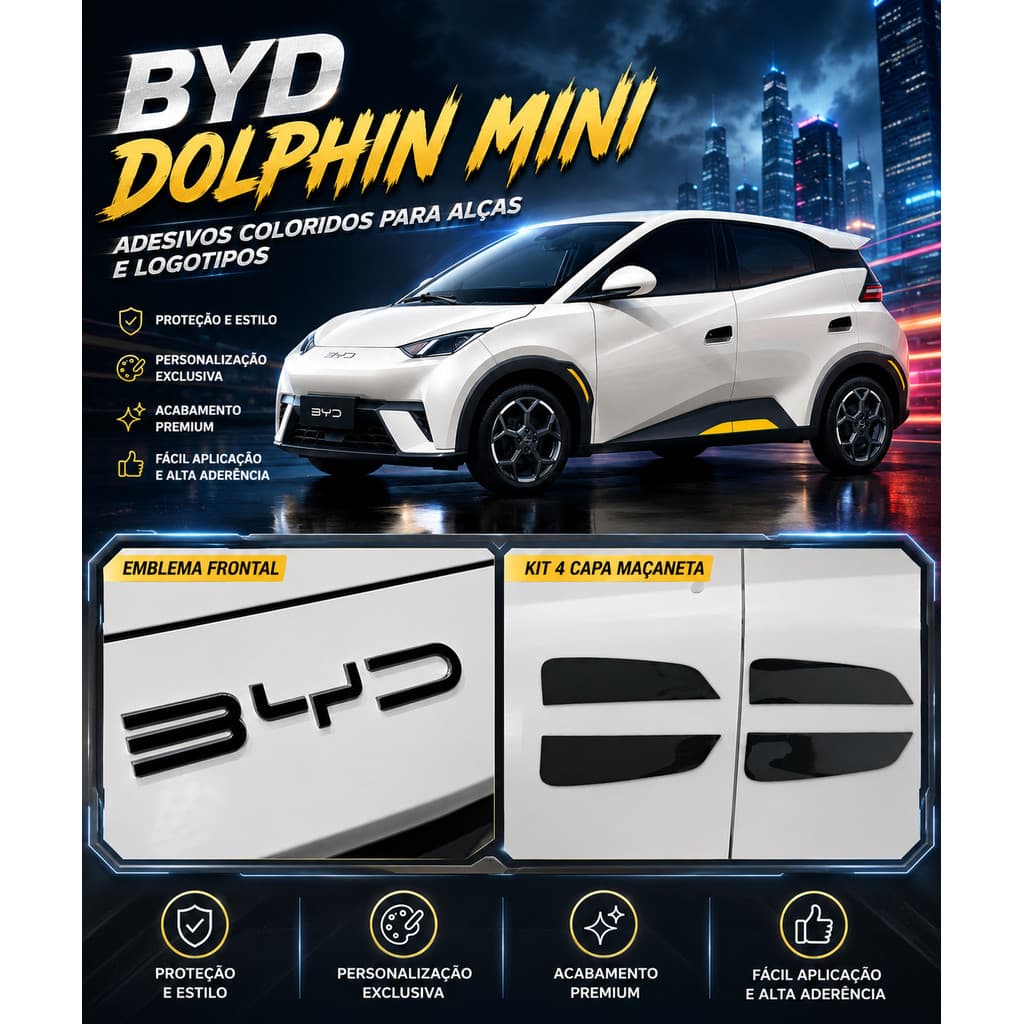 Kit Logo Emblema Frontal e 4 Capas Maçaneta BYD Dolphin Mini Acessório Carro