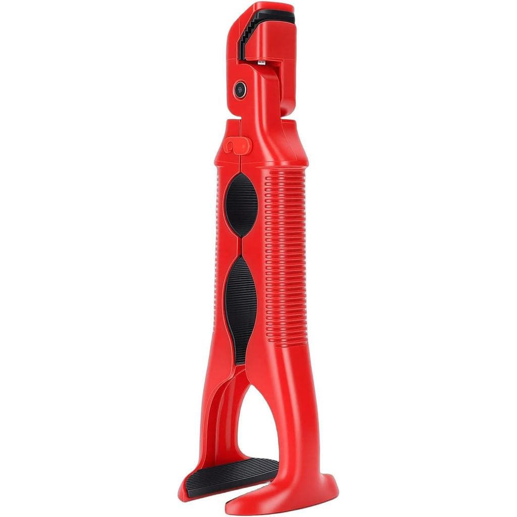 Pinça anti-queimadura 3 em 1, com pinça para pratos e abridor de latas, cabo ergonômico vermelho.
