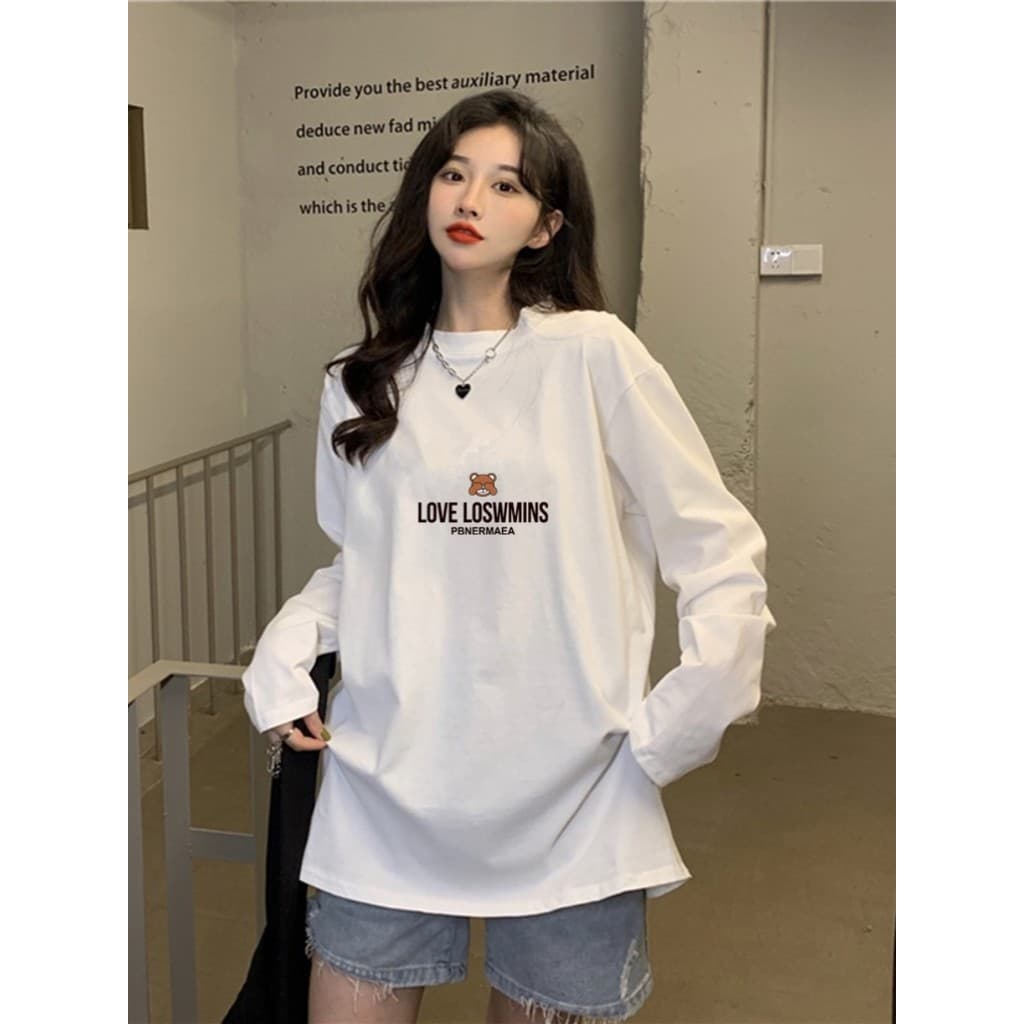 Americano Retro urso branco de manga comprida camiseta feminina primavera outono estilo preguiçoso solto comprimento méd