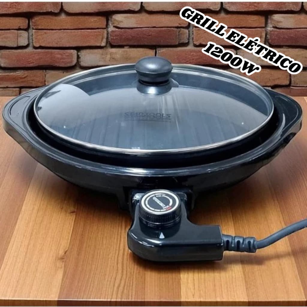 Grill Elétrico Redondo Grande Premium com Termostato 127V  Churrasqueira Eletrica Portatil