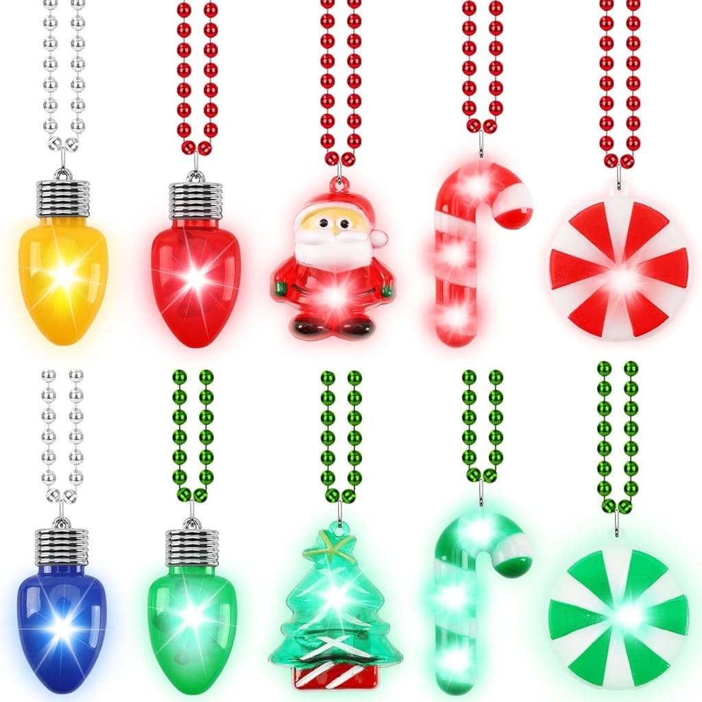 JULBEAR 10 peças de Colares de Natal com Luzes LED, Colar de Contas de Natal com Pingente de Lâmpada, 6 Modos, Colares d