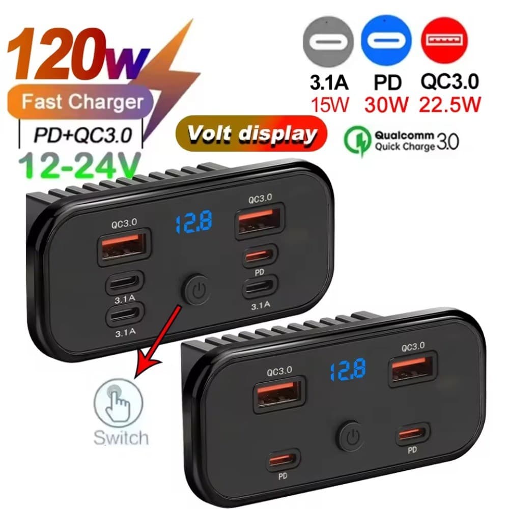 12-24V 2/4/6 Portas QC3.0 PD Carregador De Carro Tomada Carga Rápida Dupla USB-C Duplo QC3.0 Painel De Energia De Carreg