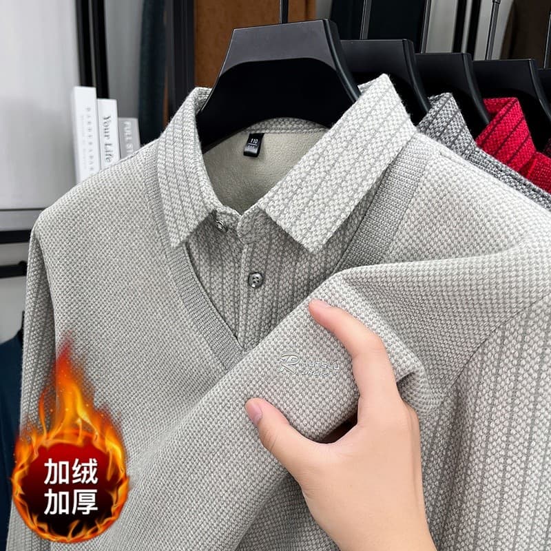 Forro de veludo de uma peça engrossado falso camisola de duas peças masculino quente malhas camisa colarinho de meia-ida