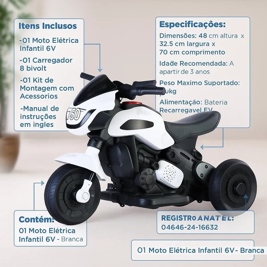 Moto Elétrica Infantil 6V Branca Mini Moto Bateria Recarregável Criança Passeio Brinquedo