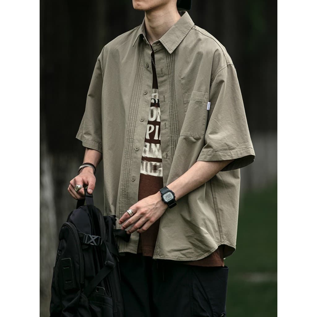 Verão japonês Retro cityboy ferramentas bolso camisa masculina Street Wear All-Match lapela Casual camiseta de manga cur