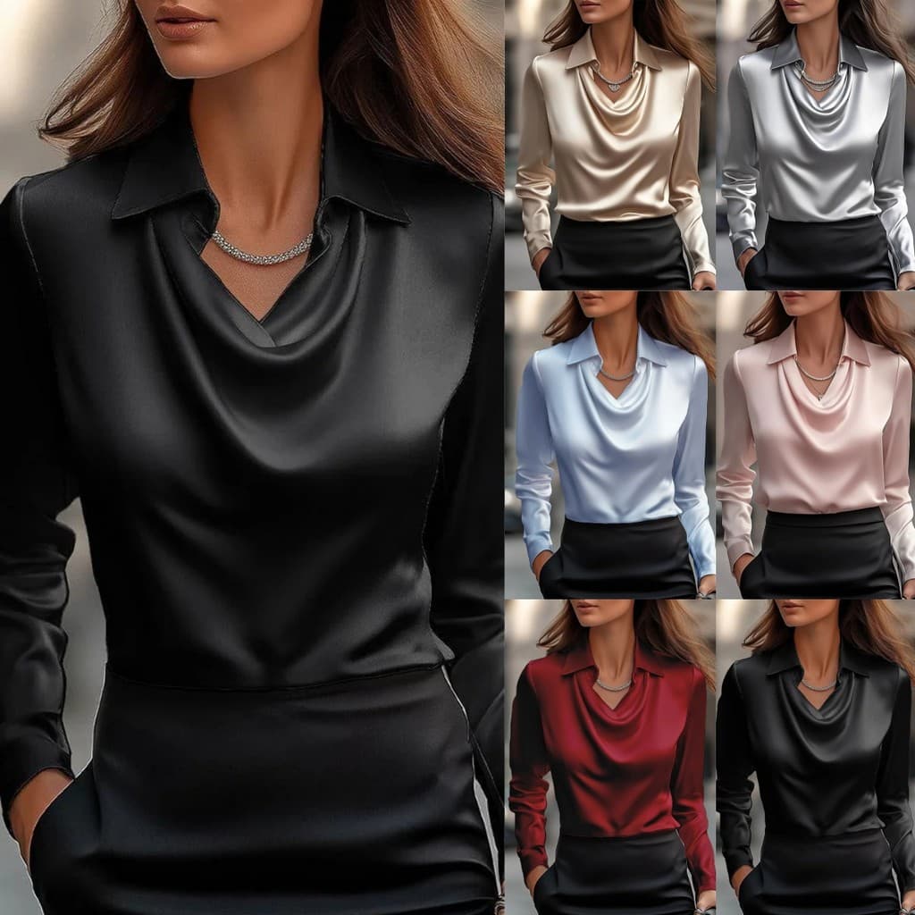 Blusa Feminina Com Gola Redonda , Manga Comprida , Camisa De Cetim , Cor Sólida , Elegante , Drapeada , Roupa De Escritó