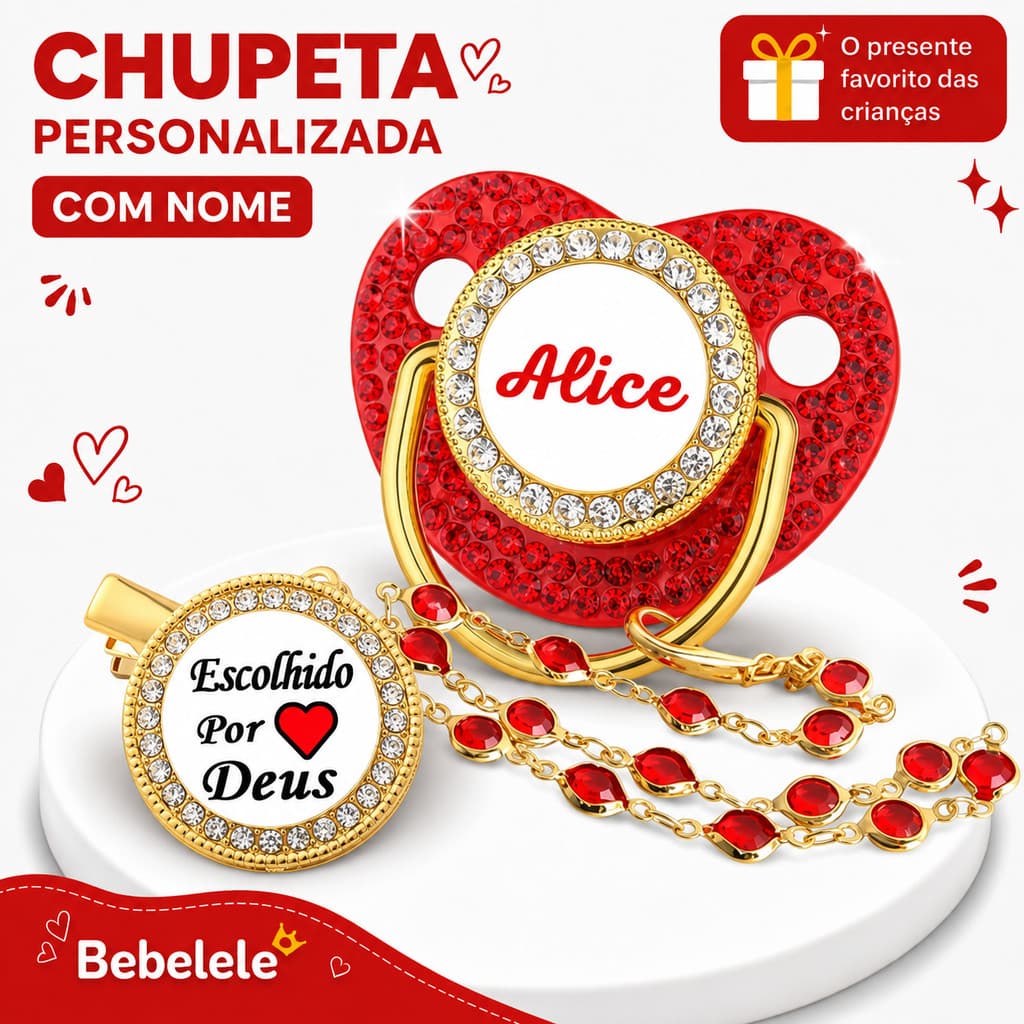 Chupeta vermelha para bebê, personalizada com o nome/foto da menina, inclui clipe de chupeta