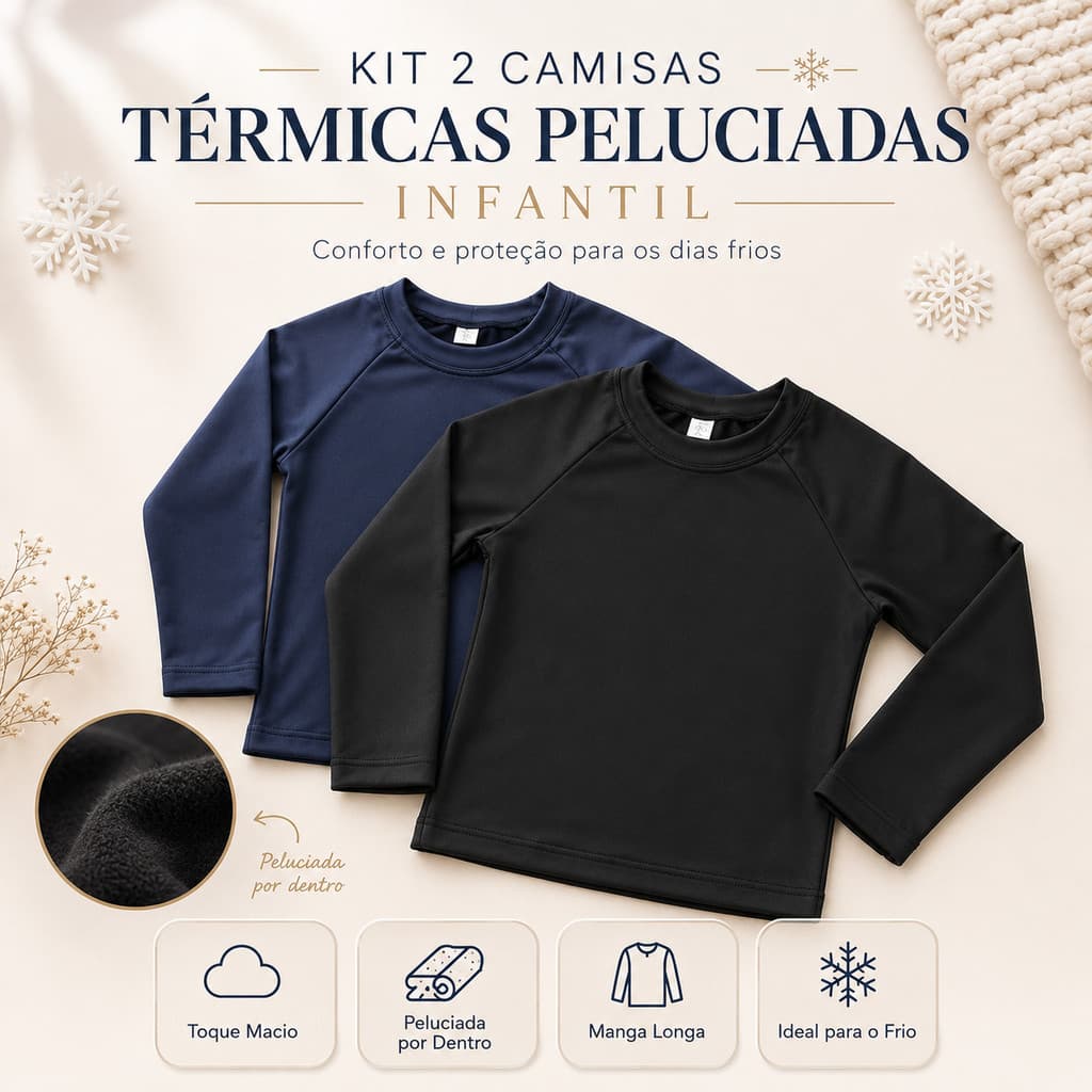 Kit 2 Camisetas Manga Longa Infantil Térmica Peluciada