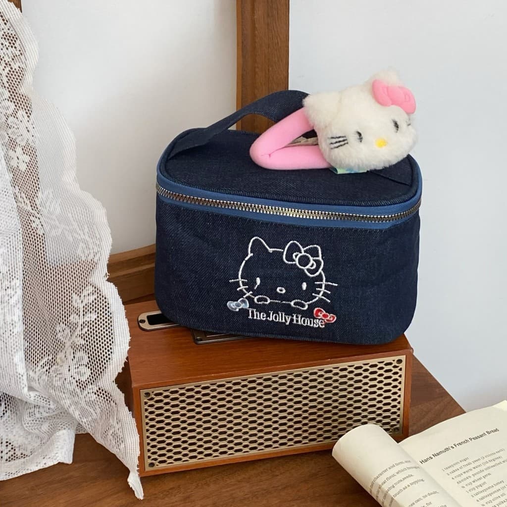 Denim gato saco cosmético portátil passeio portátil saco de higiene pessoal feminino Medieval grande capacidade viagem c