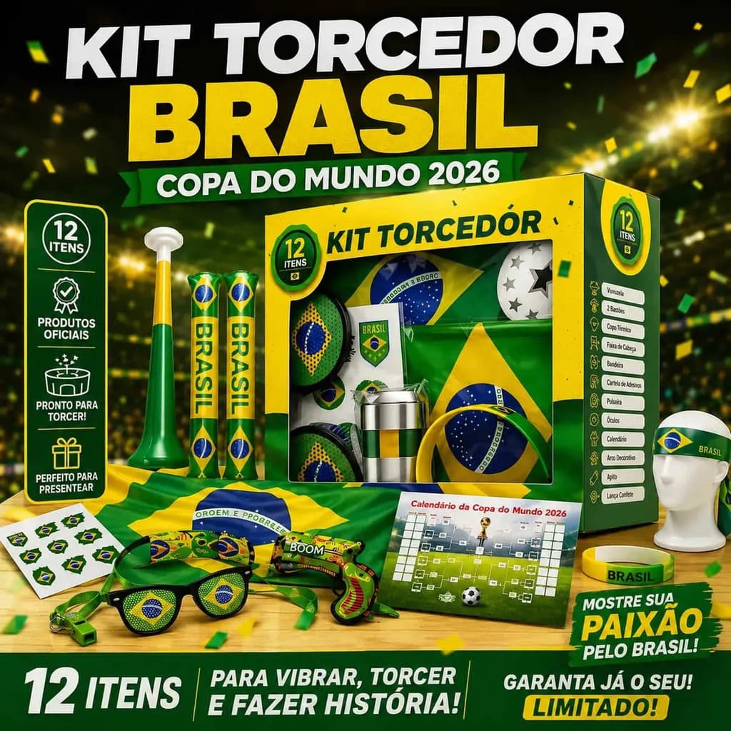 Kit Torcedor Brasil Copa do Mundo 2026 Completo 12 Itens Bandeira Corneta Tinta tatuagens Óculos faixa etc Festa Futebol