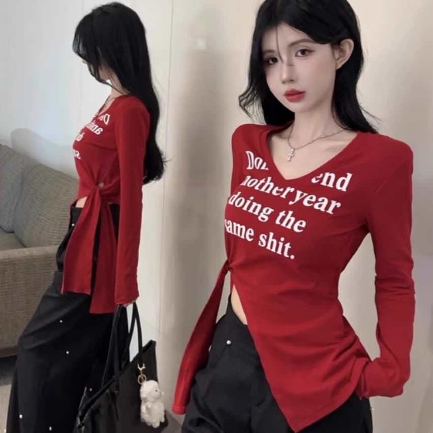 Verão chique doce quente menina Irregular fenda com decote em v camisa de fundo feminino Design superior nicho magro cam