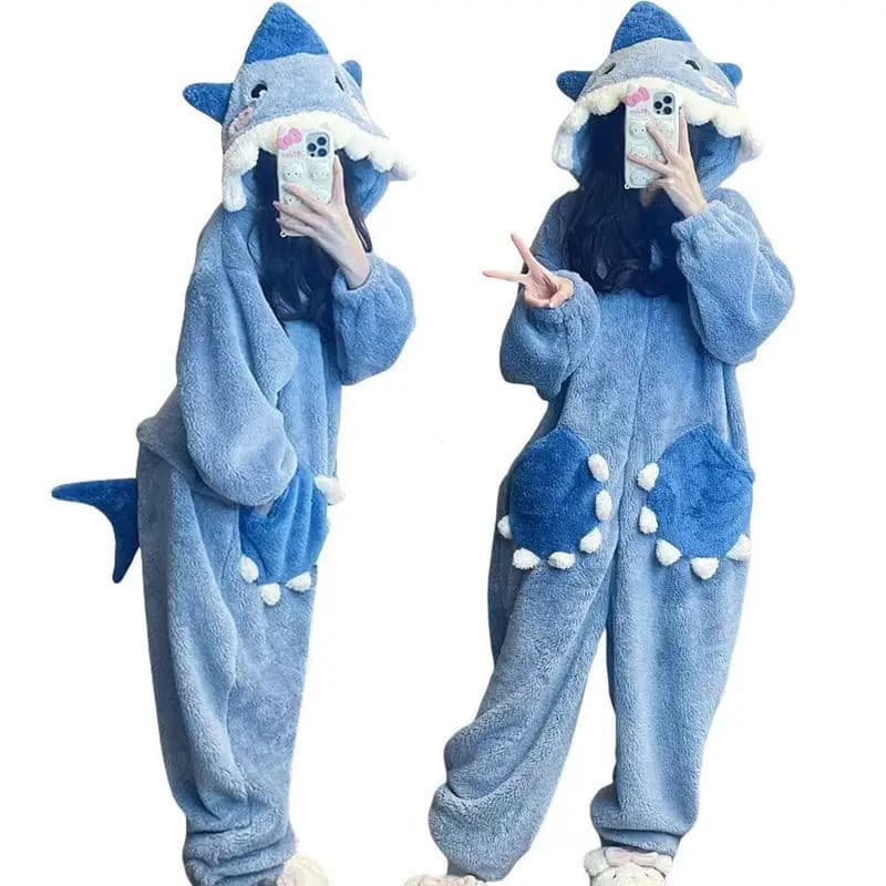 Pijama feminino com capuz de tubarão azul de desenho animado, Kigurumi de unicórnio, macacão de cosplay de inverno, Nat