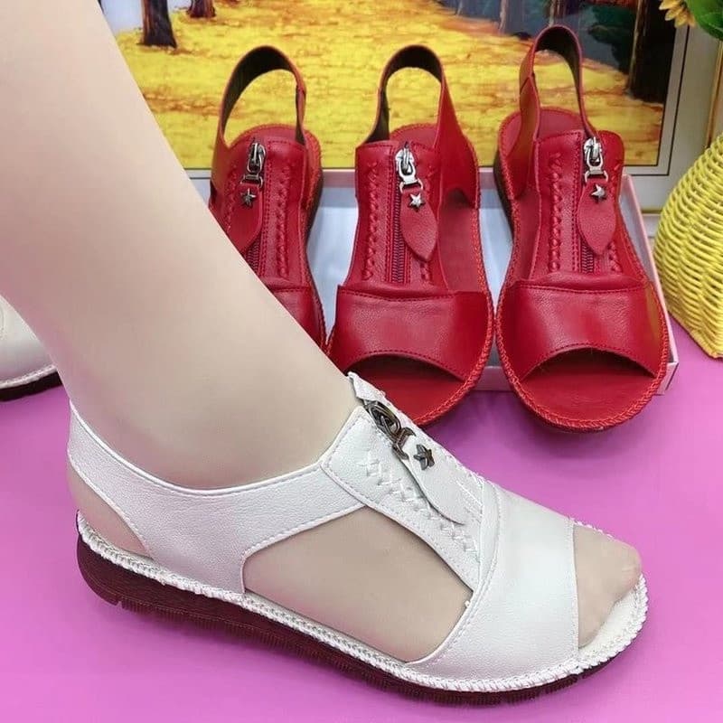 Sandálias Femininas de Cor Sólida com Zíper em Couro PU, Sola Confortável, Calçados Casuais de Verão, Adequados para Mãe