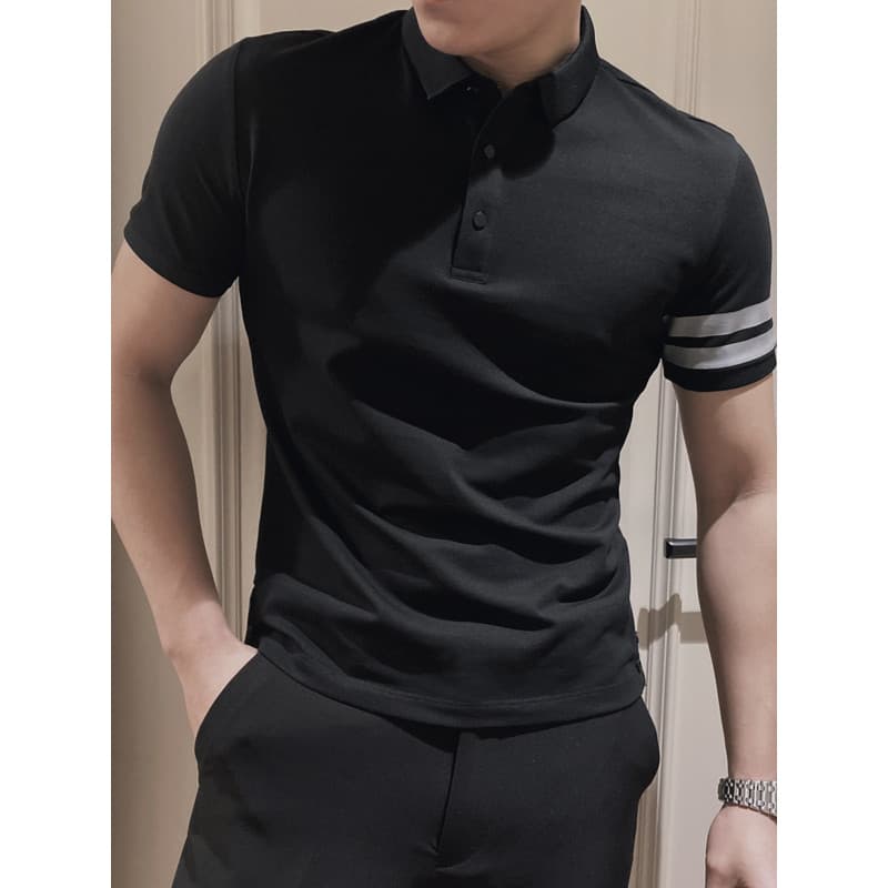 2021 verão estilo fino duas barras lapela camisa Polo masculina de manga curta magro-ajuste versão coreana Puffian bonit