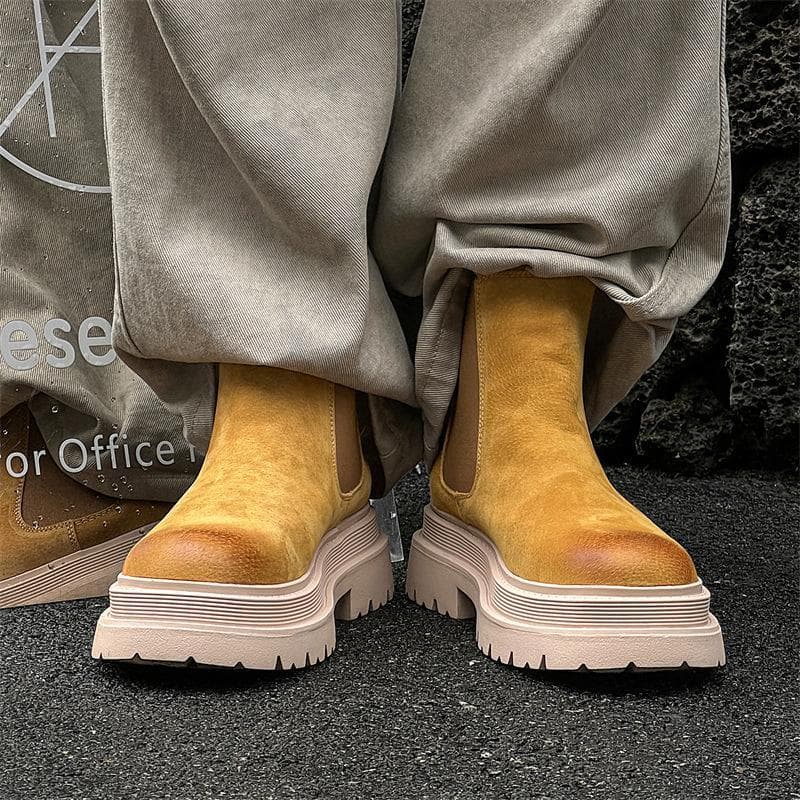 Chelsea botas masculinas forro de lã de inverno de sola grossa couro genuíno de cano alto casal botas de ruibarbo bota M