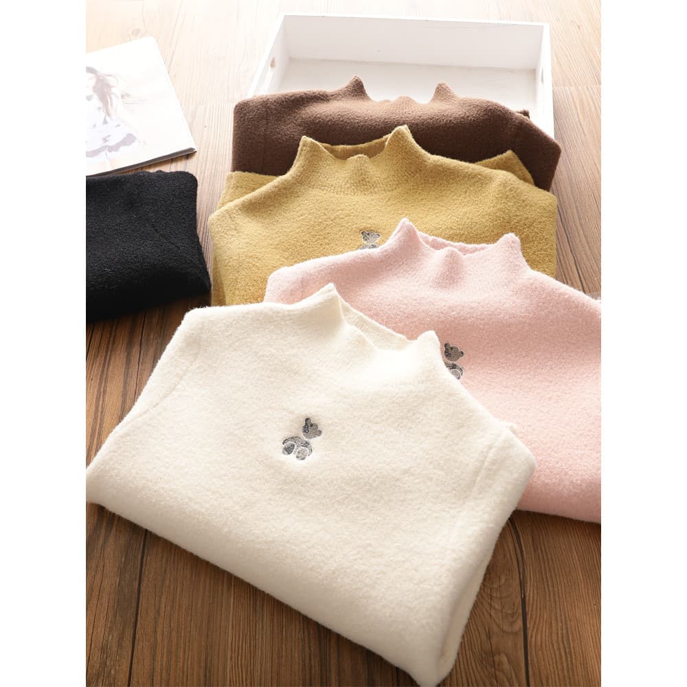 Meninas meia gola alta de malha camisa de fundo crianças estilo ocidental urso versão coreana solta camisola de lã de um