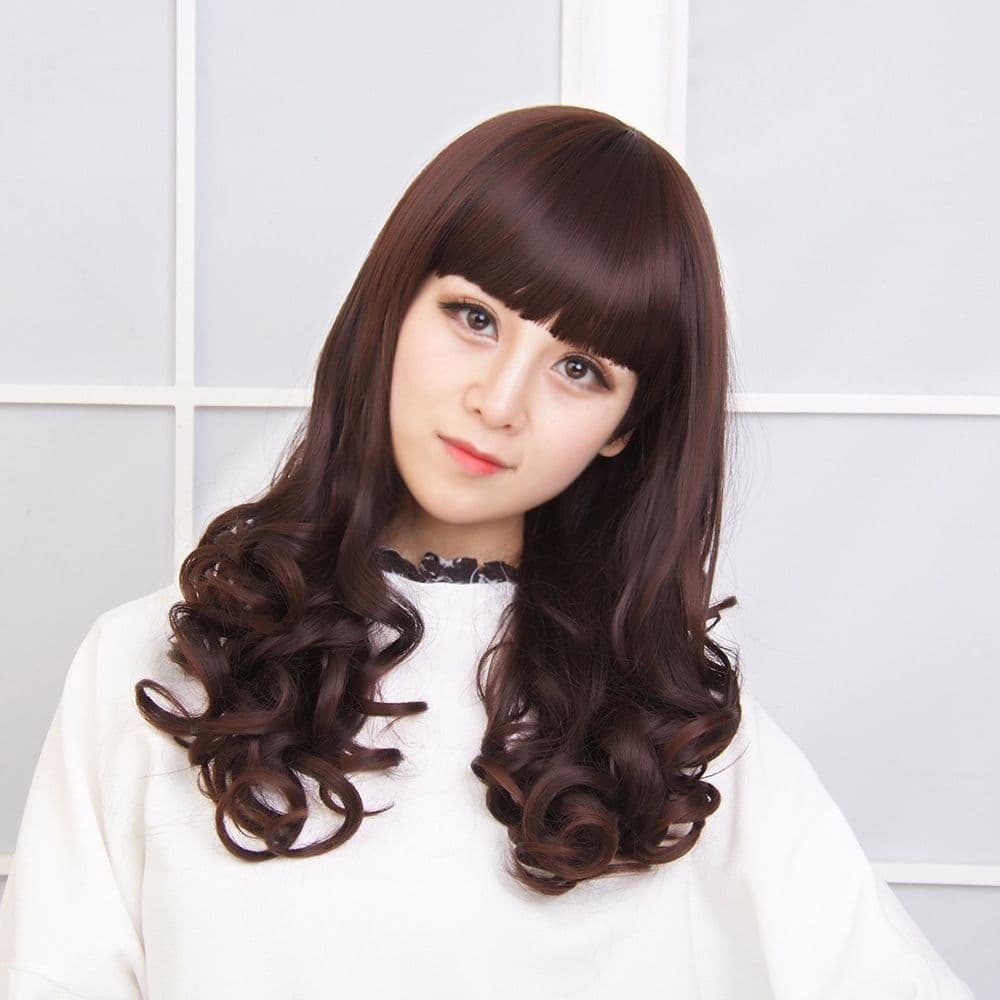 Peruca feminina médio longo cabelo encaracolado Qi franja fivela interna peruca curta fofo pêra flor cabeça rosto repara