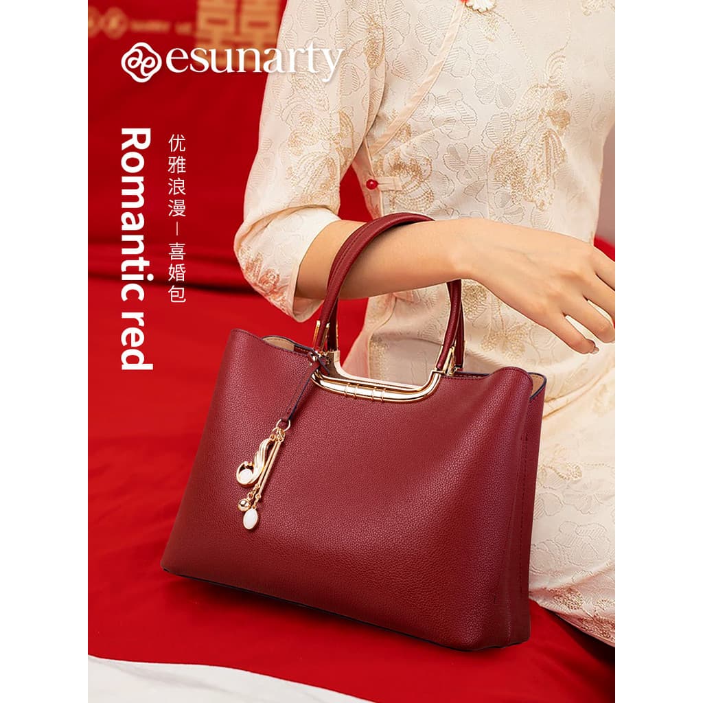Saco de casamento vermelho bolsa de couro genuíno feminino 2026 novo estilo grande capacidade nupcial casamento mãe saco