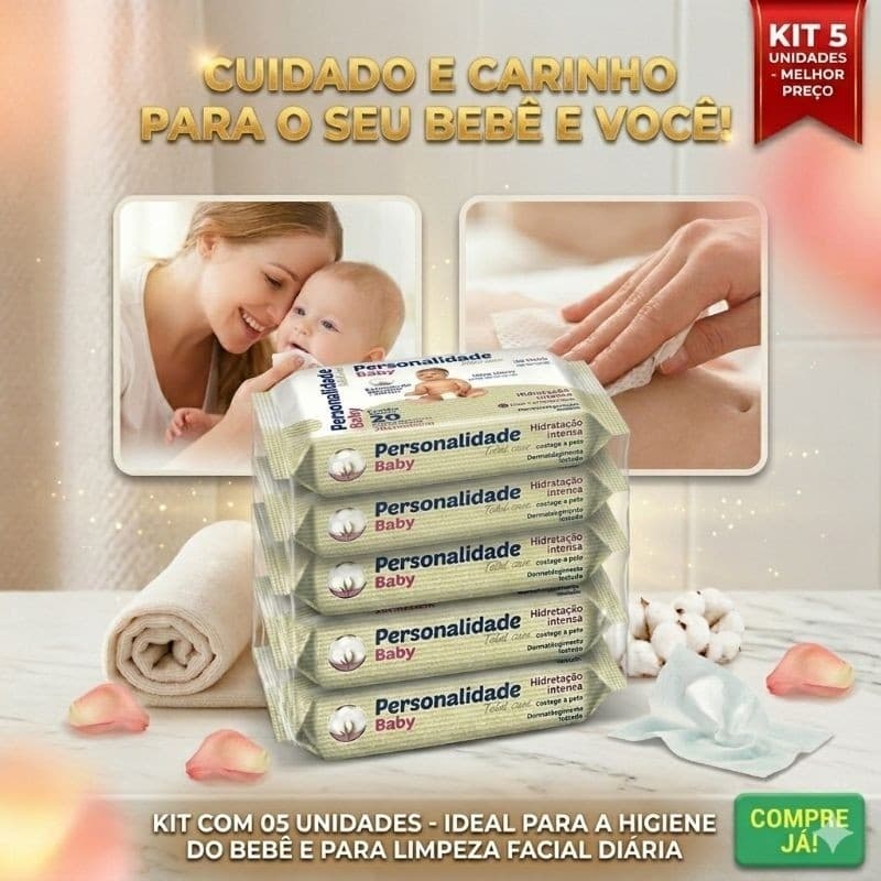 Kit 5 Lenços Umedecidos Personalidade Baby Pocket com 20 unidades cada