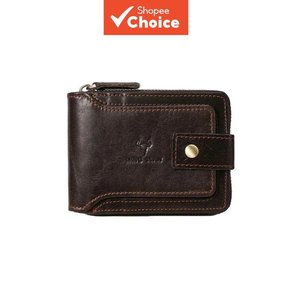 Carteira Masculina de Couro Legítimo com Bloqueio RFID, Bifold com Zíper, Grande Capacidade, Porta-Cartões e Bolso para
