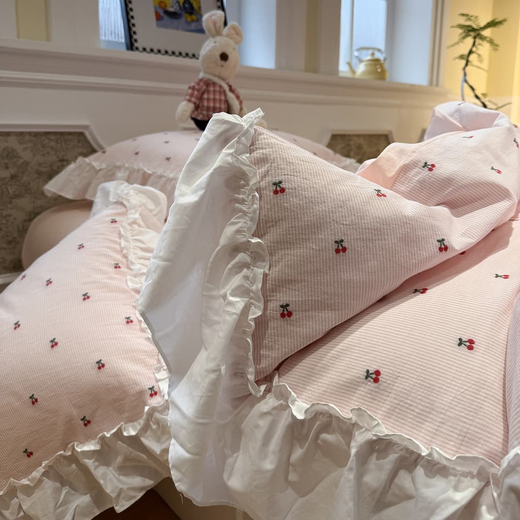 Pequena cama de renda fresca conjunto de quatro peças capa de edredão menina coração cereja lençol dormitório estudante