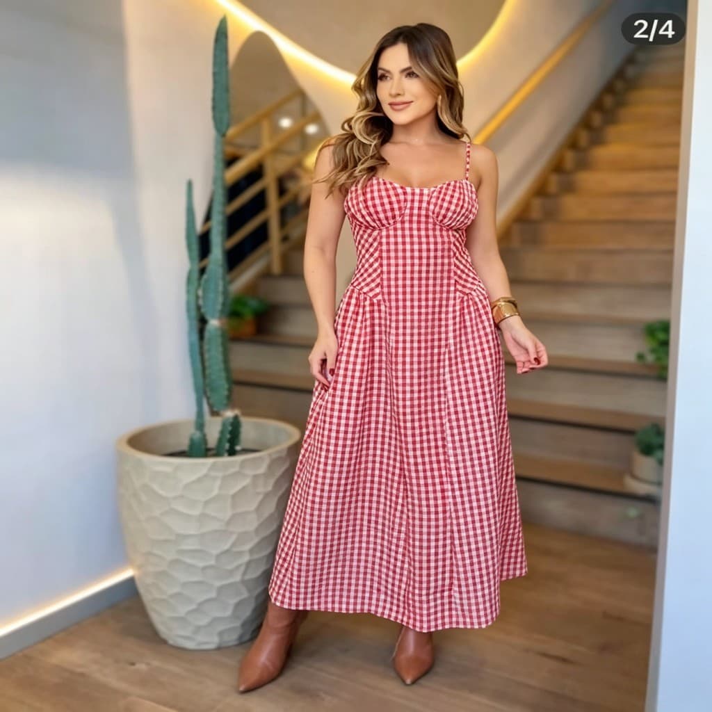 Vestido Feminino de Tecido Leve Xadrez para Verão e Fim de Semana 002312