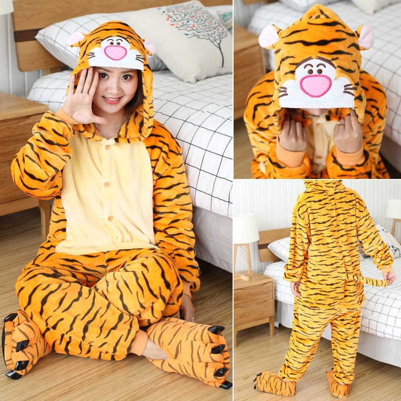 Jumping Tigre Macacão Com Capuz Pijamas Para Mulheres Adultos Flanela Dos Desenhos Animados Animal Uma Peça Trajes Cospl