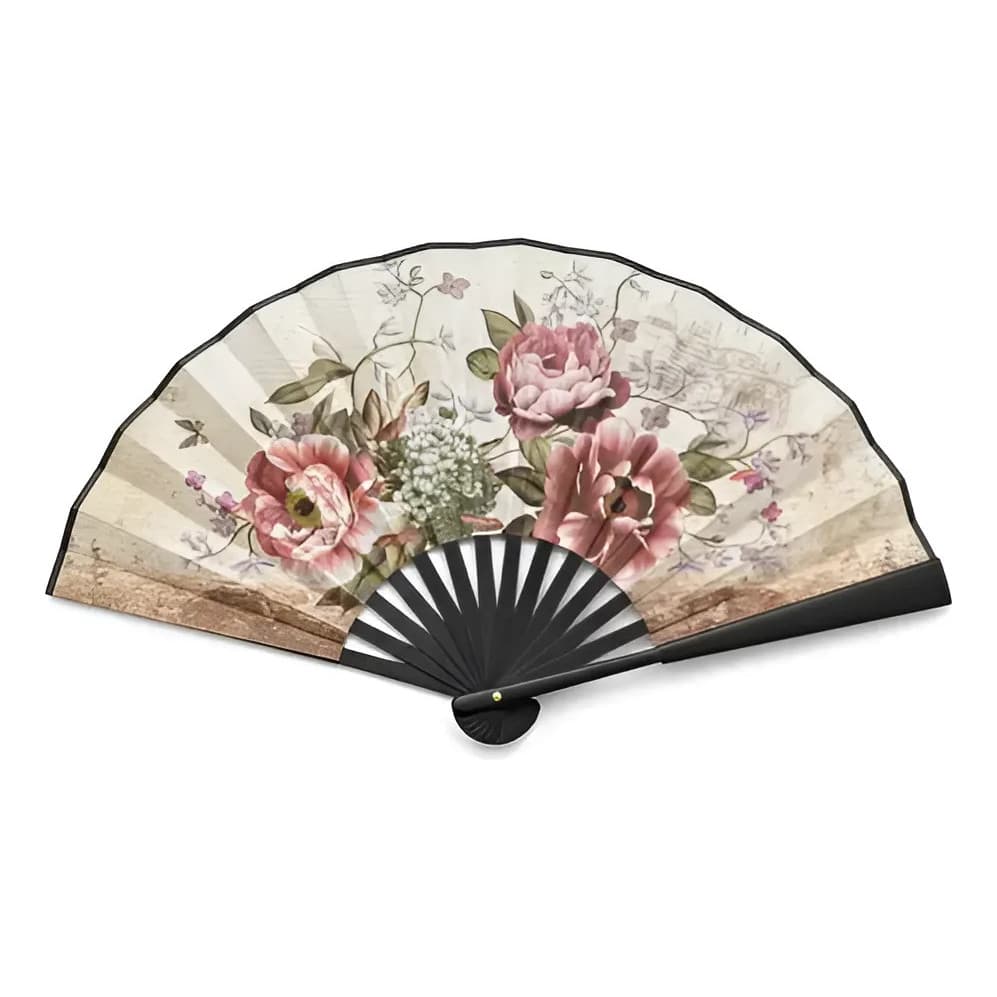 Leque Preto Rosas 26cm Ventilador De Mão Resistente