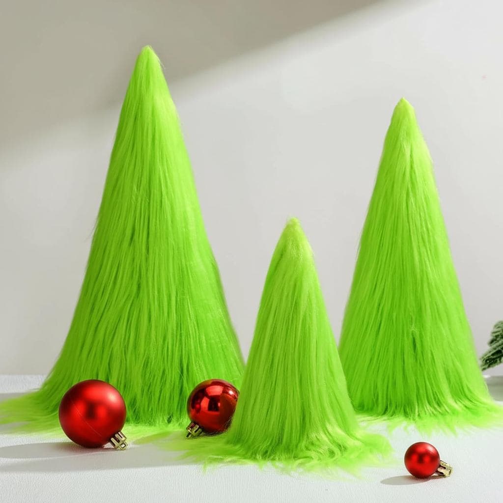 Roowest 3 Peças 8" 11" 14" Árvore de Natal em Forma de Cone Verde-Limão Felpuda 3 Tamanhos Decoração de Mesa com Elfo de