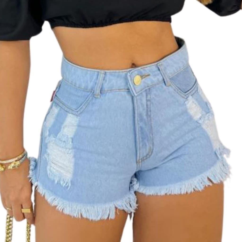 Short Jeans Feminino Destroyed Lavagem Clara Sem Lycra 100% jeans Cintura Alta ModaZ