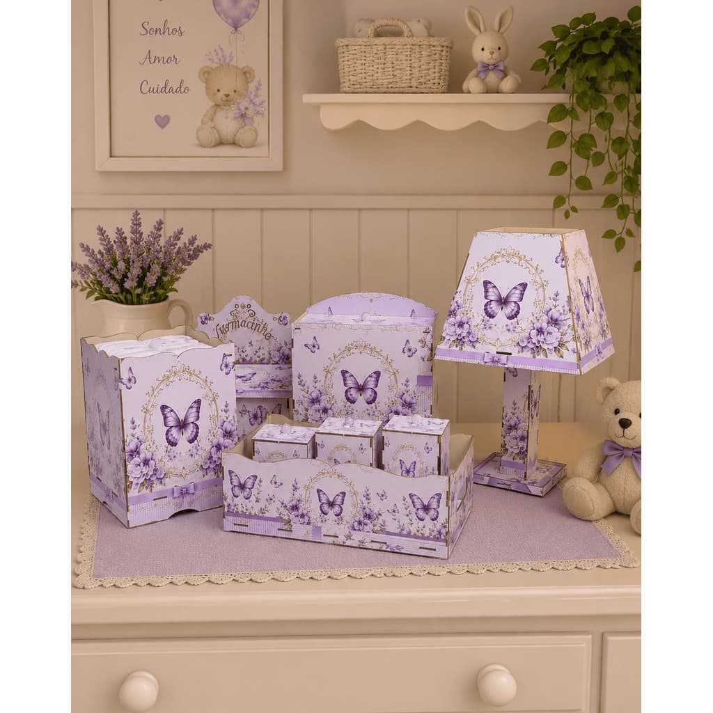 Kit Higiene Bebê Completo 8 Peças Borboleta Lilás MDF Adesivado Luxo Menina