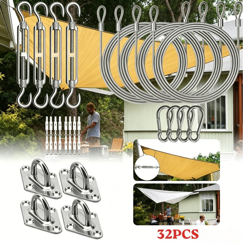 Kit Ferragens para Toldo em Aço Inox 32 Peças com Cabo de Aço 4m e Parafusos
