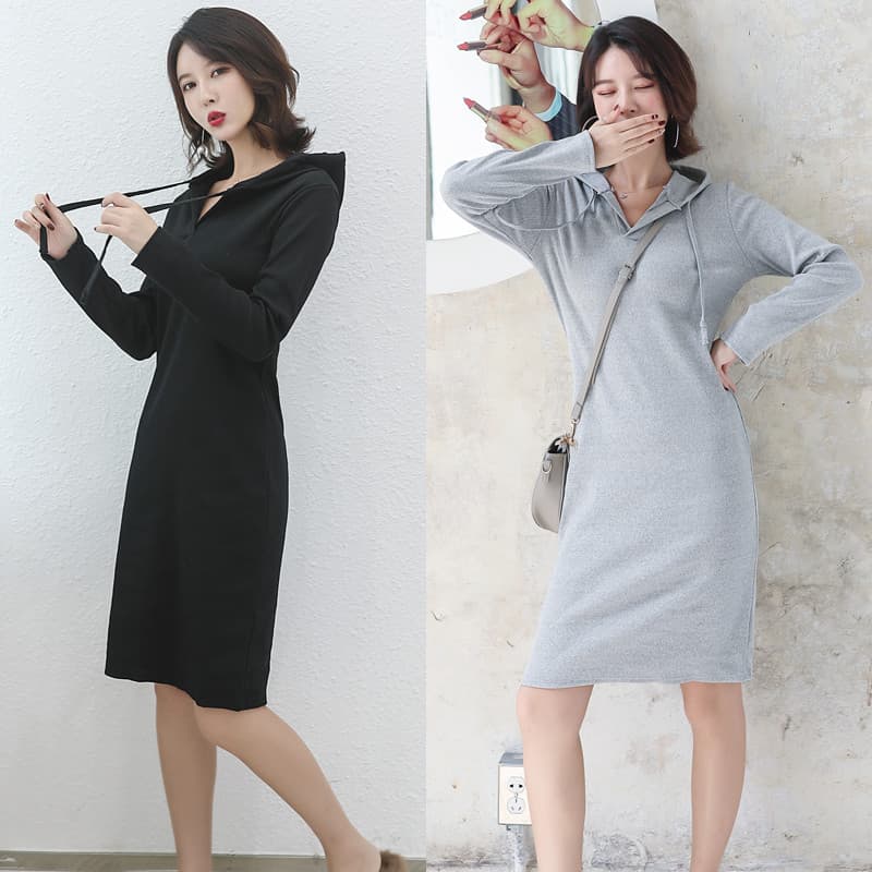 Outono verão versão coreana novo estilo com capuz A linha saia feminina vestido de malha de manga comprida temperamento
