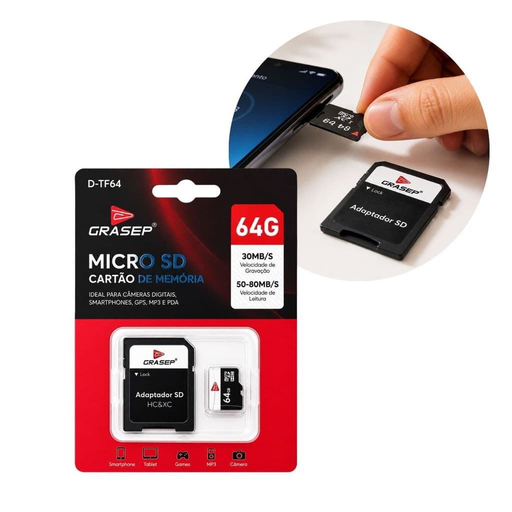 Cartão Memória Micro SD64GB Alta Velocidade Adaptador Rápido