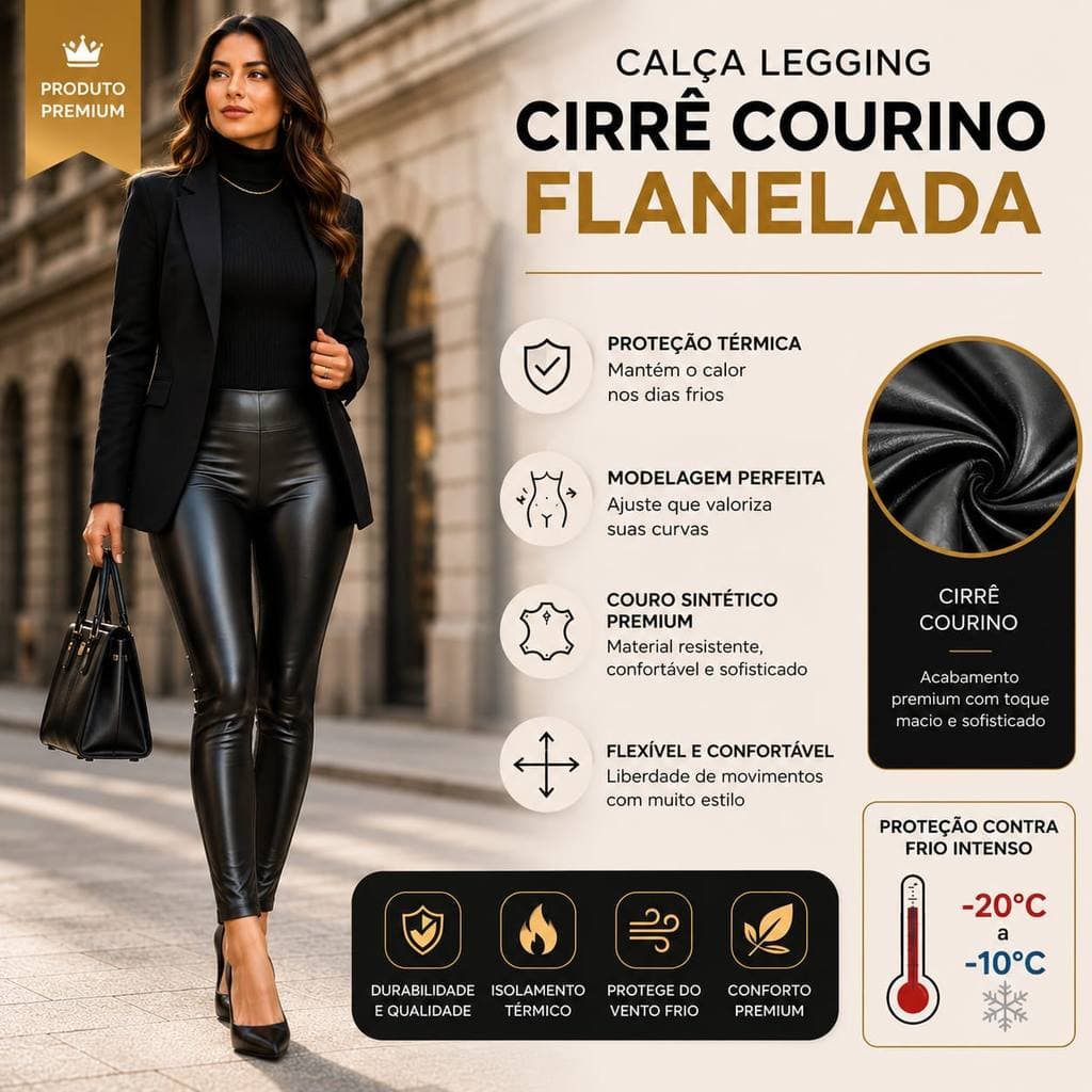 Calça Legging Courino Peluciada Cintura Alta Modeladora Feminina Inverno Térmica