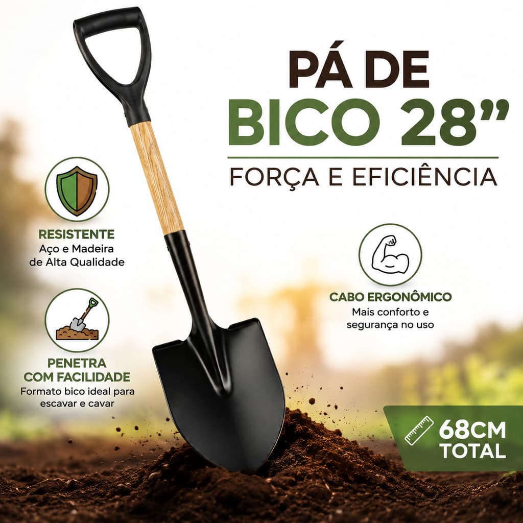 Pá De Bico Reforçada Profissional Para Jardim Jardinagem 28" Aço Com Cabo de Madeira Resistente 68cm