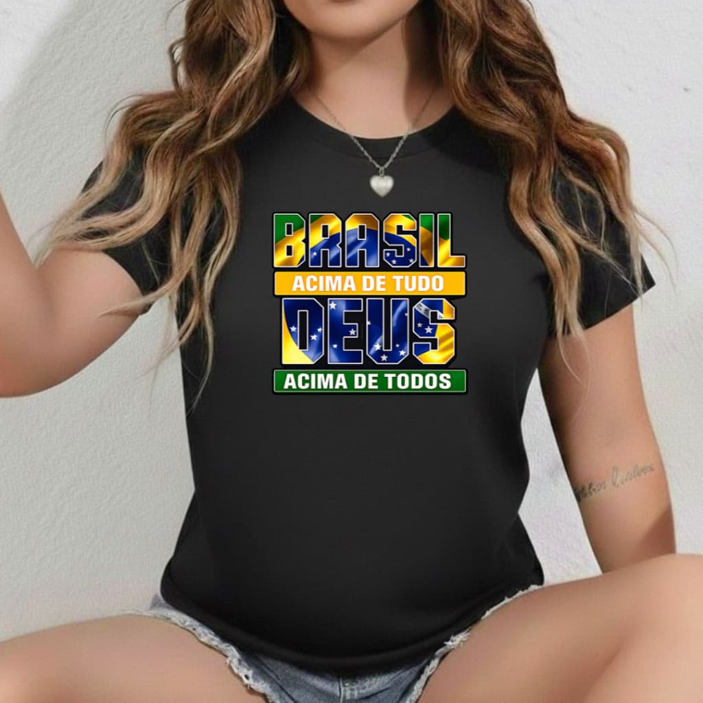 Camisa Brasil Acima De Tudo Deus Acima de Todos Militar Masculina Bolsonaro País Pátria Verde e Amarelo Patriota
