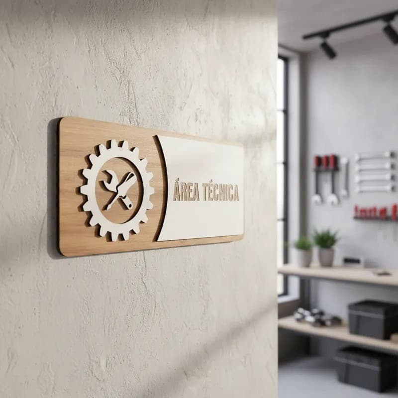 Placa de Sinalização  Área Técnica MDF Alto Relevo 30x13cm Para Porta