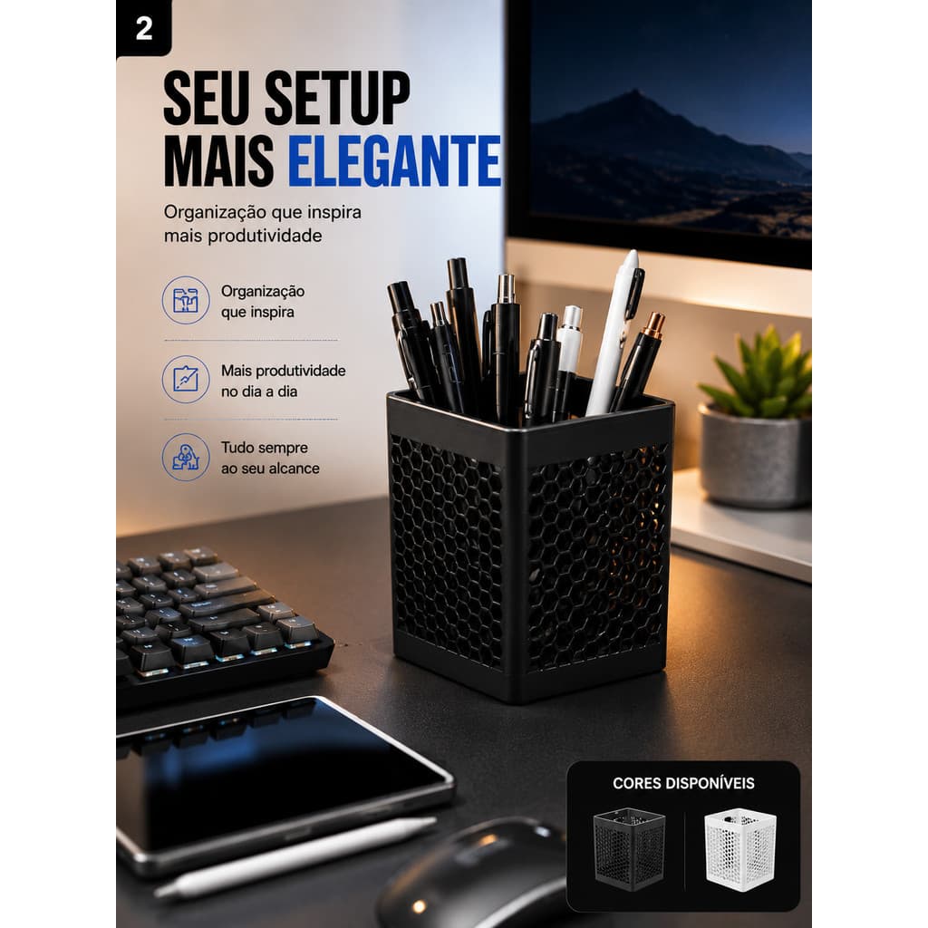 Organizador Mesa Porta Caneta Lápis Pincel Minimalista Moderno Preto Branco Multifuncional Office