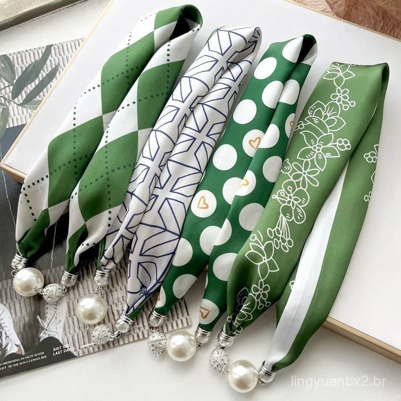 Lenço de seda verde com fecho magnético para mulheres, acessório fino para o pescoço, adorno para o pescoço, fita, colar
