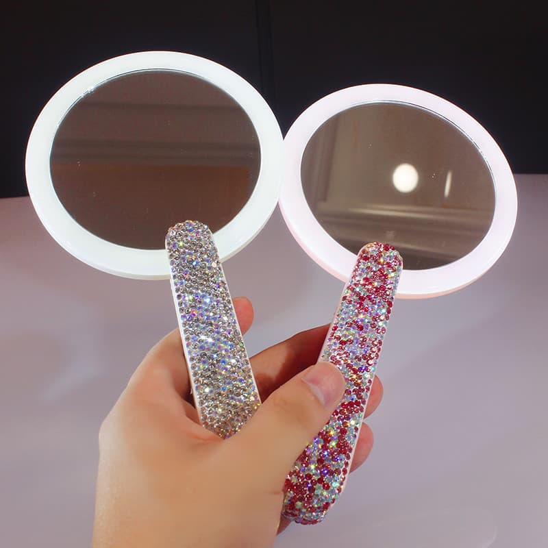 Diamante portátil portátil LED espelho de maquiagem mão rotativo dobrável espelho de maquiagem beleza espelho luminoso c