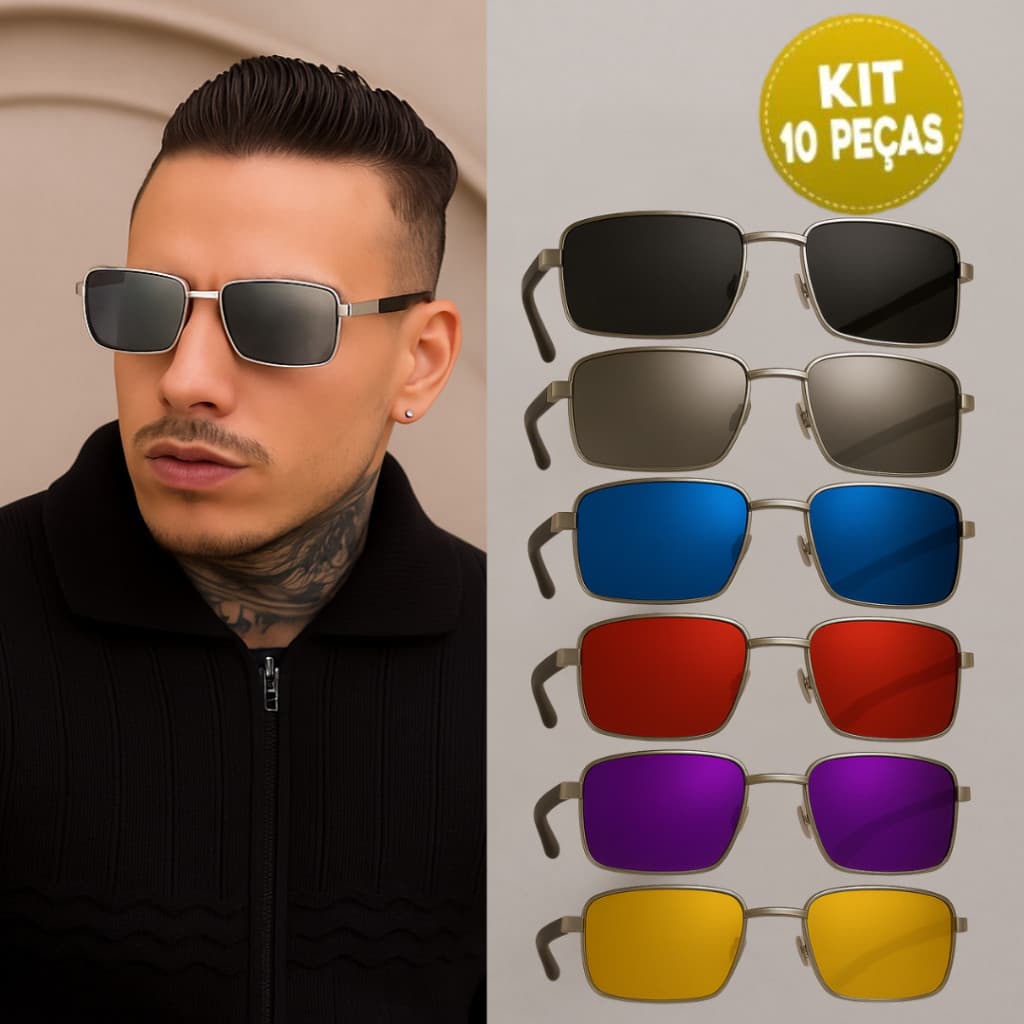 Kit 10 Óculos de Sol Quadrado Premium Masculino Feminino UV400 – Armação Metálica Cores Sortidas