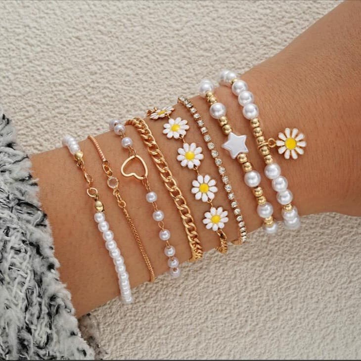 BELLA-Bee Conjunto de Pulseiras de Pérolas e Contas Douradas com Margaridas, Presente de Feriado para Mulheres, Acessóri