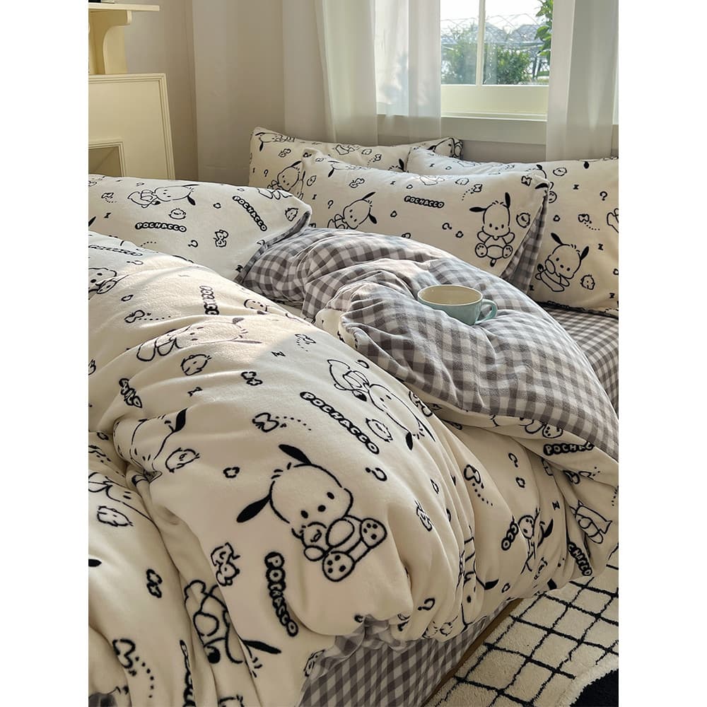 Pacha cão leite veludo cama conjunto de quatro peças inverno engrossado quente dos desenhos animados colcha capa folha m